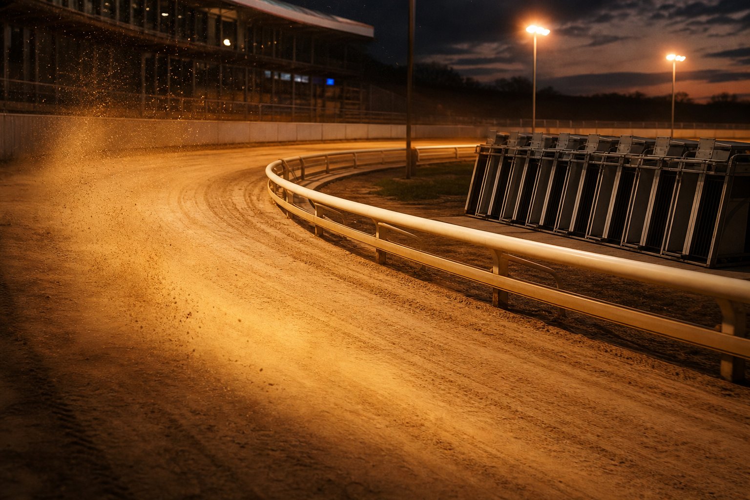 The floodlit sand greyhound circuit at dusk, with starting traps and the white running rail
