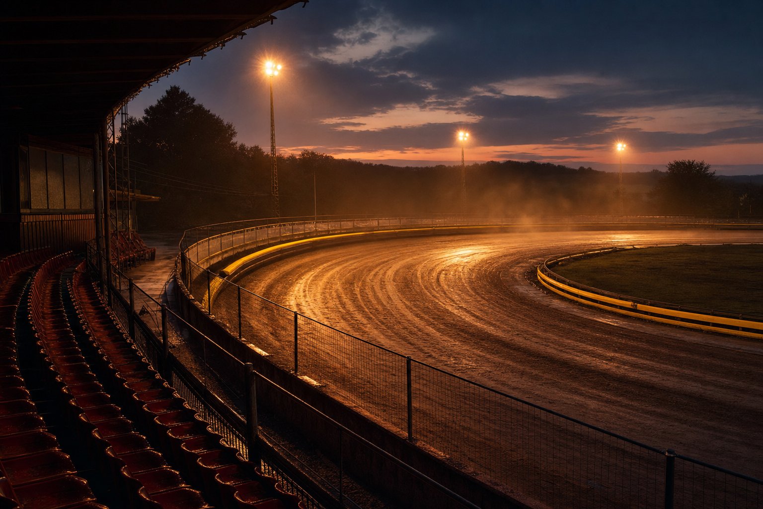 The floodlit shale oval at Mildenhall Stadium at dusk, seen from the grandstand