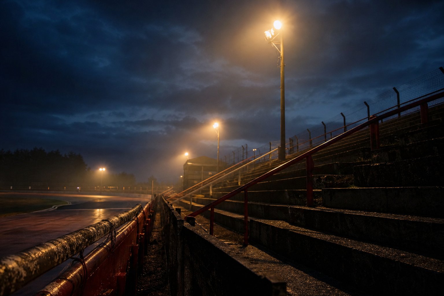 Empty floodlit terraced spectator steps and crash barrier at Mildenhall Stadium at dusk
