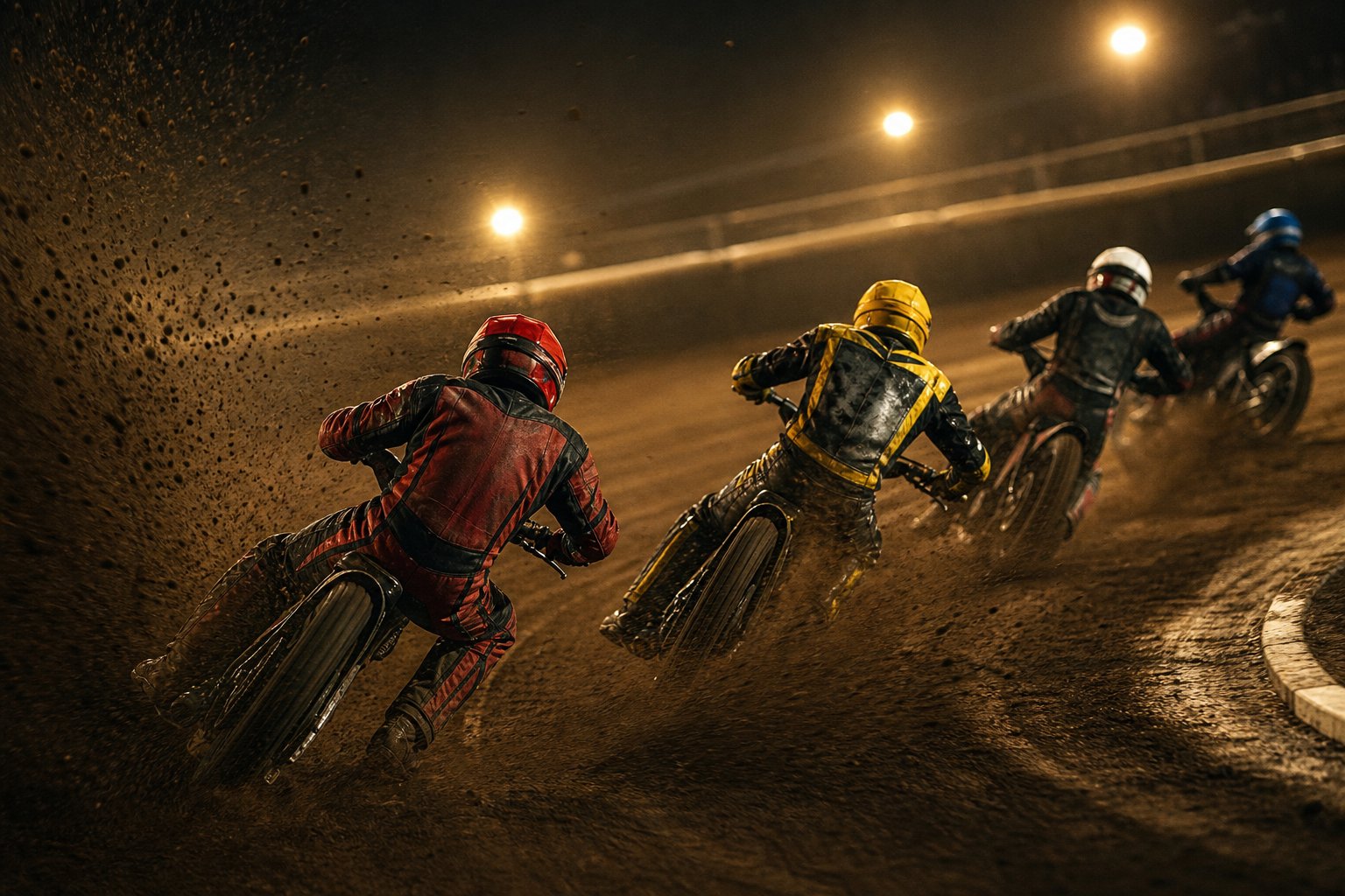 Speedway riders broadsiding through a floodlit shale bend, throwing up dirt