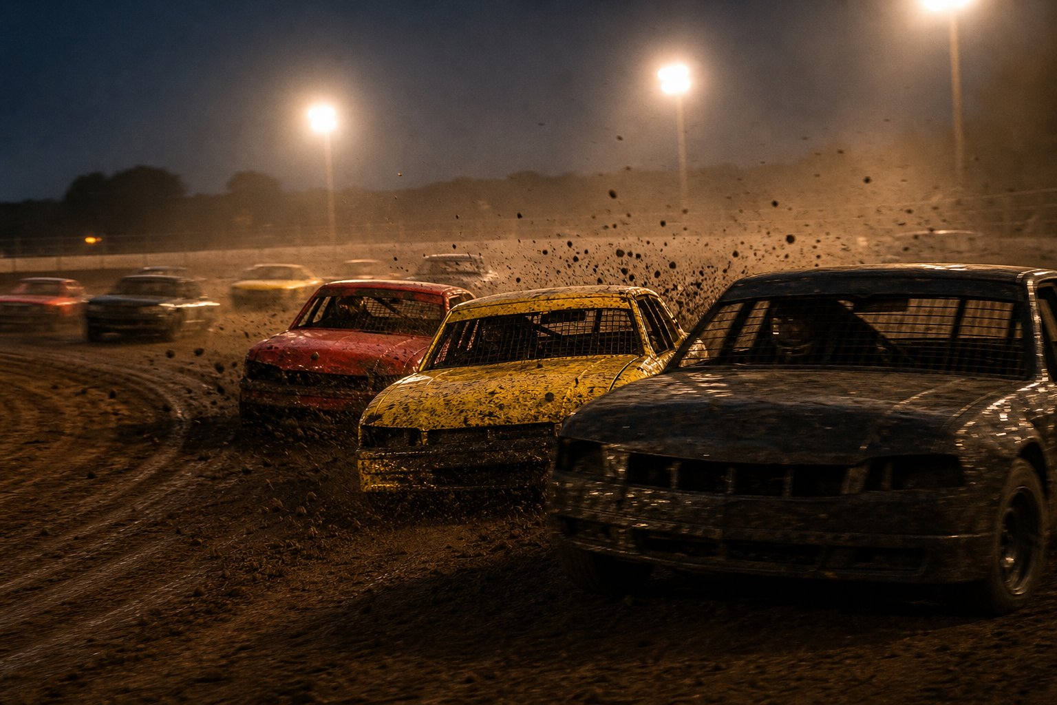 Full-contact stock cars bunched into a floodlit shale bend, mud spraying