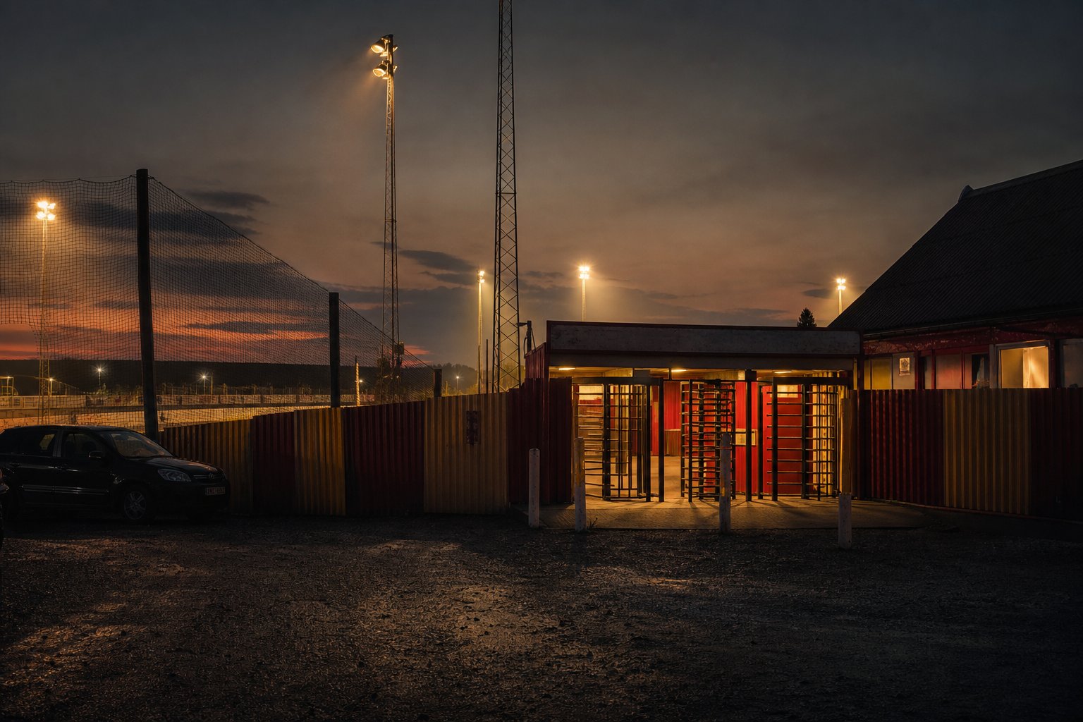 The floodlit turnstile entrance and perimeter fencing at Mildenhall Stadium at dusk