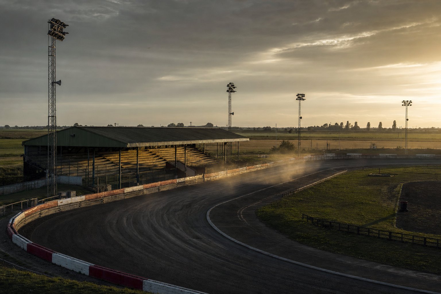Floodlit shale oval, grandstand and floodlight pylons at Mildenhall Stadium at golden hour